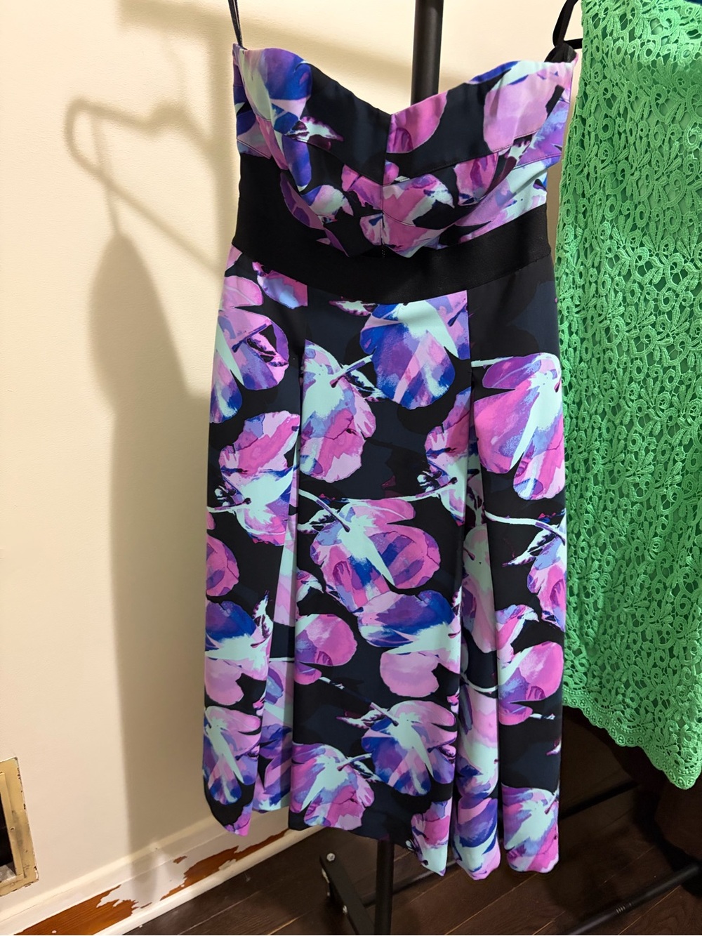 Strapless Floral Midi Dress in Purple & Black